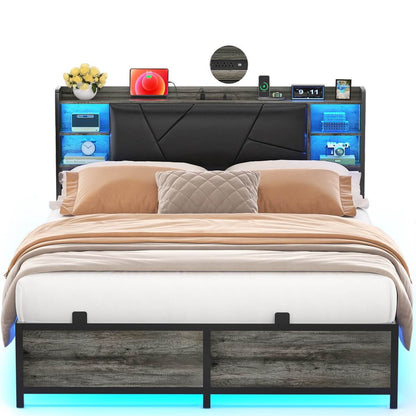 Queen Size Bed Frame with Upholstered Headboard, USB Charging & RGB LED Lights