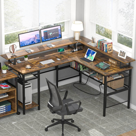 Reversible L Shaped Desk with Power Outlets and LED Light