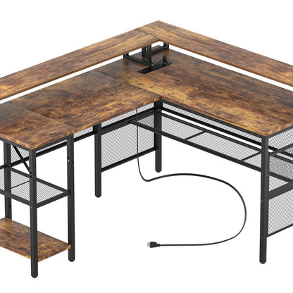Reversible L Shaped Desk with Power Outlets and LED Light