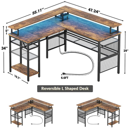 Reversible L Shaped Desk with Power Outlets and LED Light