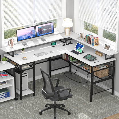 Reversible L Shaped Desk with Power Outlets and LED Light