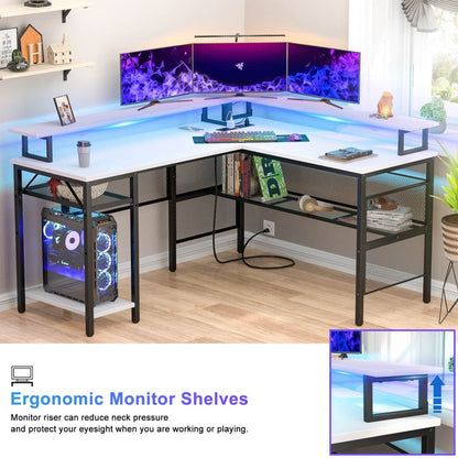 Reversible L Shaped Desk with Power Outlets and LED Light