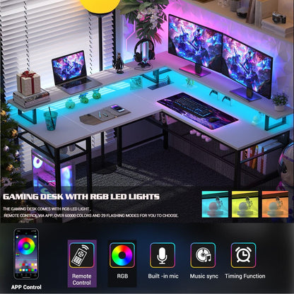 Reversible L Shaped Desk with Power Outlets and LED Light
