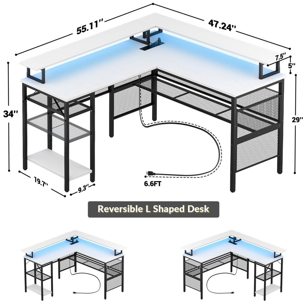 Reversible L Shaped Desk with Power Outlets and LED Light