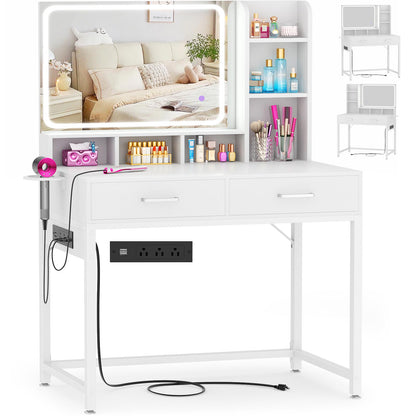 Small Vanity Desk, Vanity Desk with Mirror and Lights, Makeup Vanity Desks with Power Strip