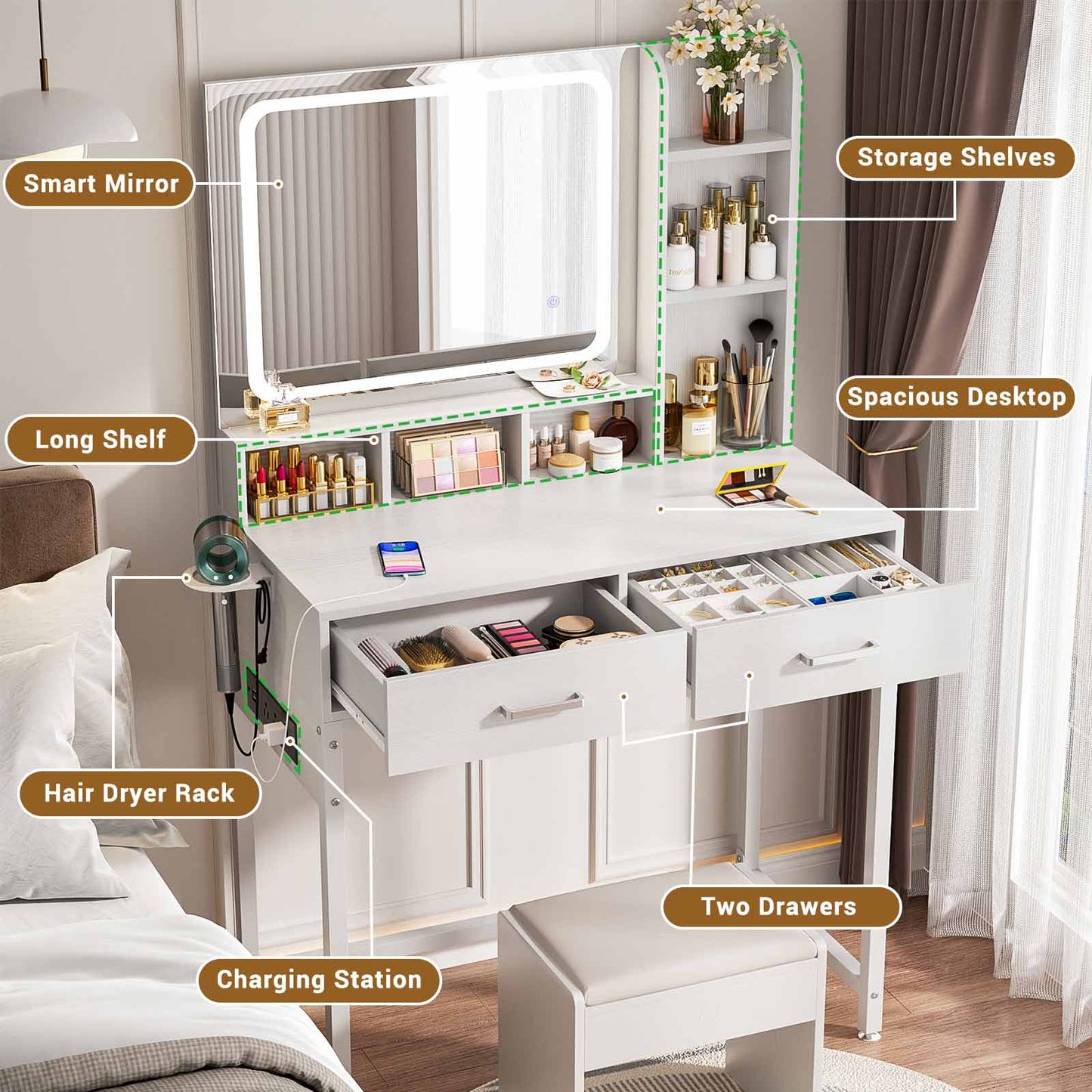 Small Vanity Desk, Vanity Desk with Mirror and Lights, Makeup Vanity Desks with Power Strip