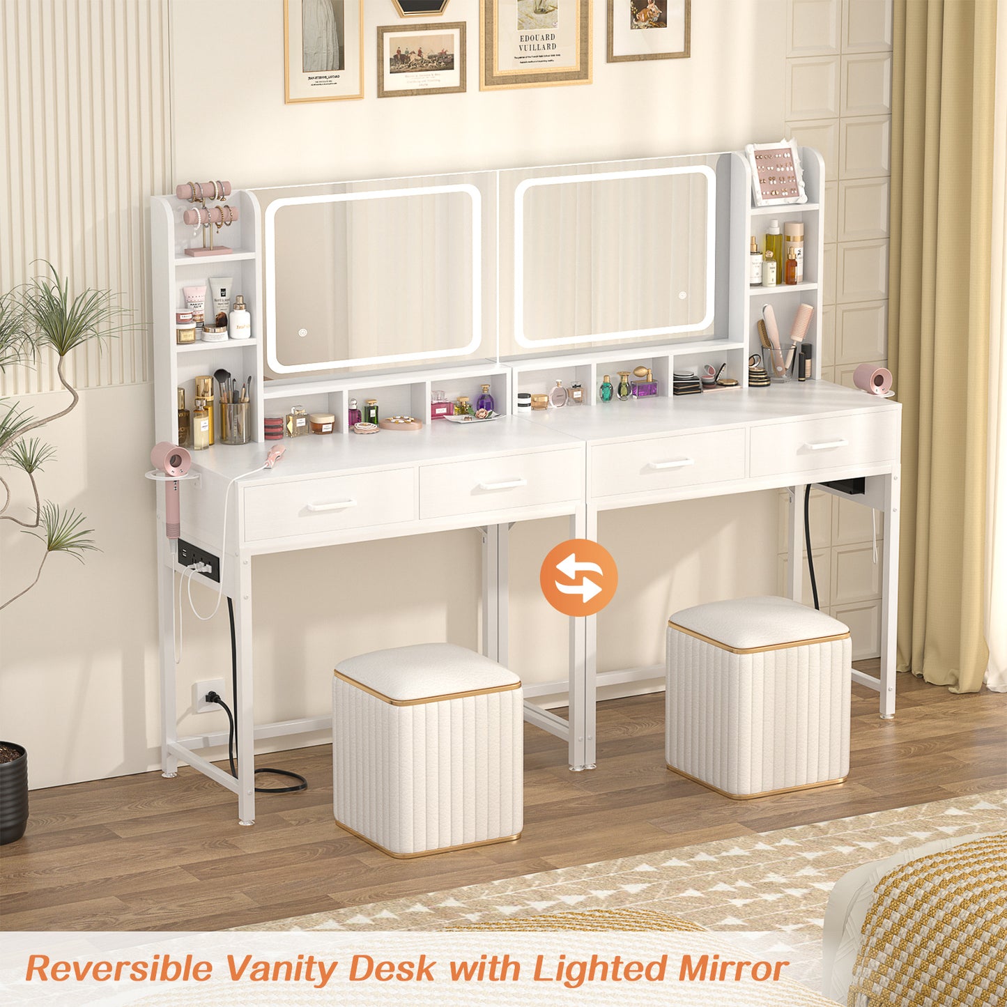 Small Vanity Desk, Vanity Desk with Mirror and Lights, Makeup Vanity Desks with Power Strip