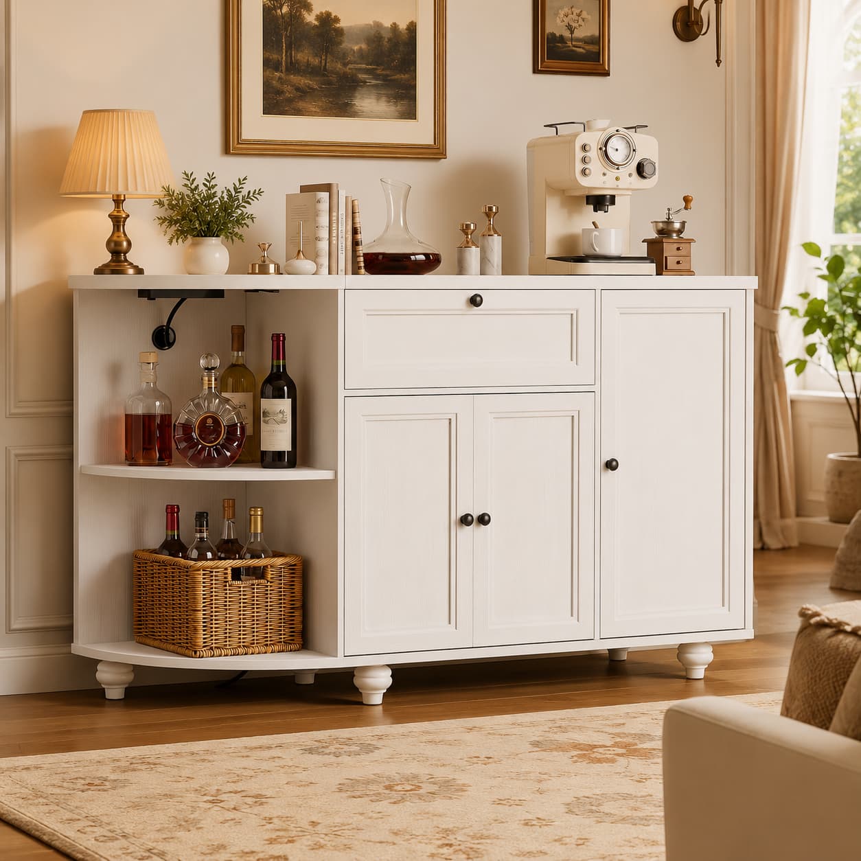 55" Coffee Bar Cabinet with Power Outlet and Wine Rack