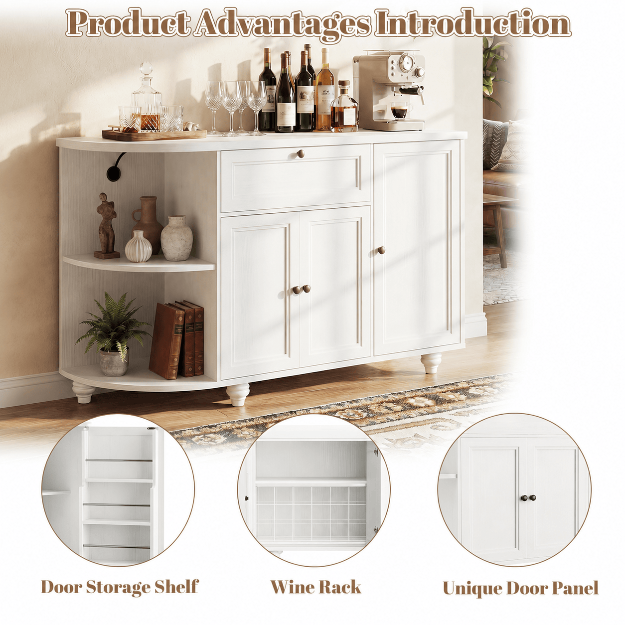 55" Coffee Bar Cabinet with Power Outlet and Wine Rack