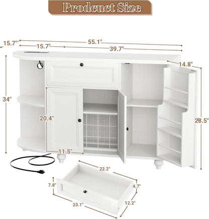 55" Coffee Bar Cabinet with Power Outlet and Wine Rack
