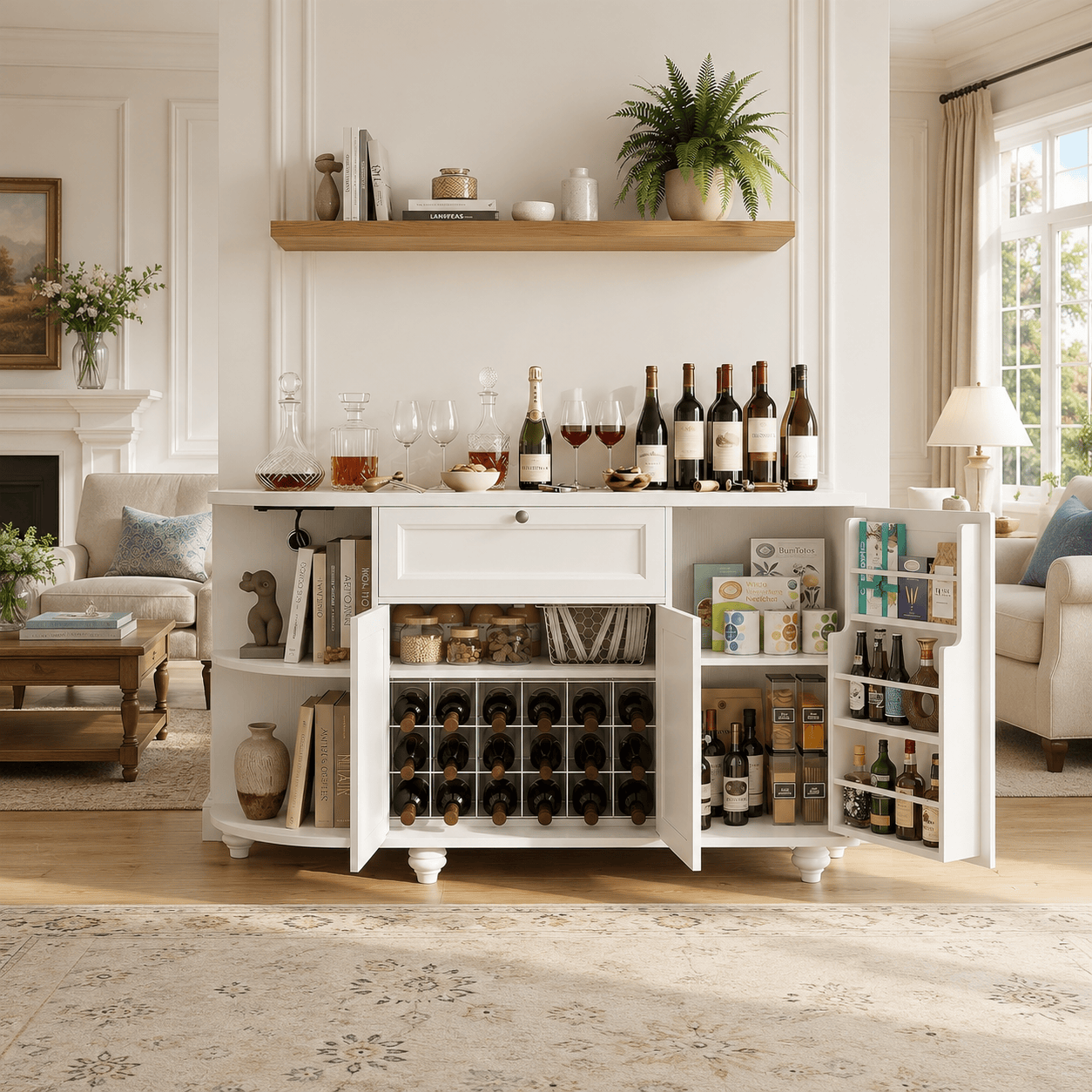 55" Coffee Bar Cabinet with Power Outlet and Wine Rack