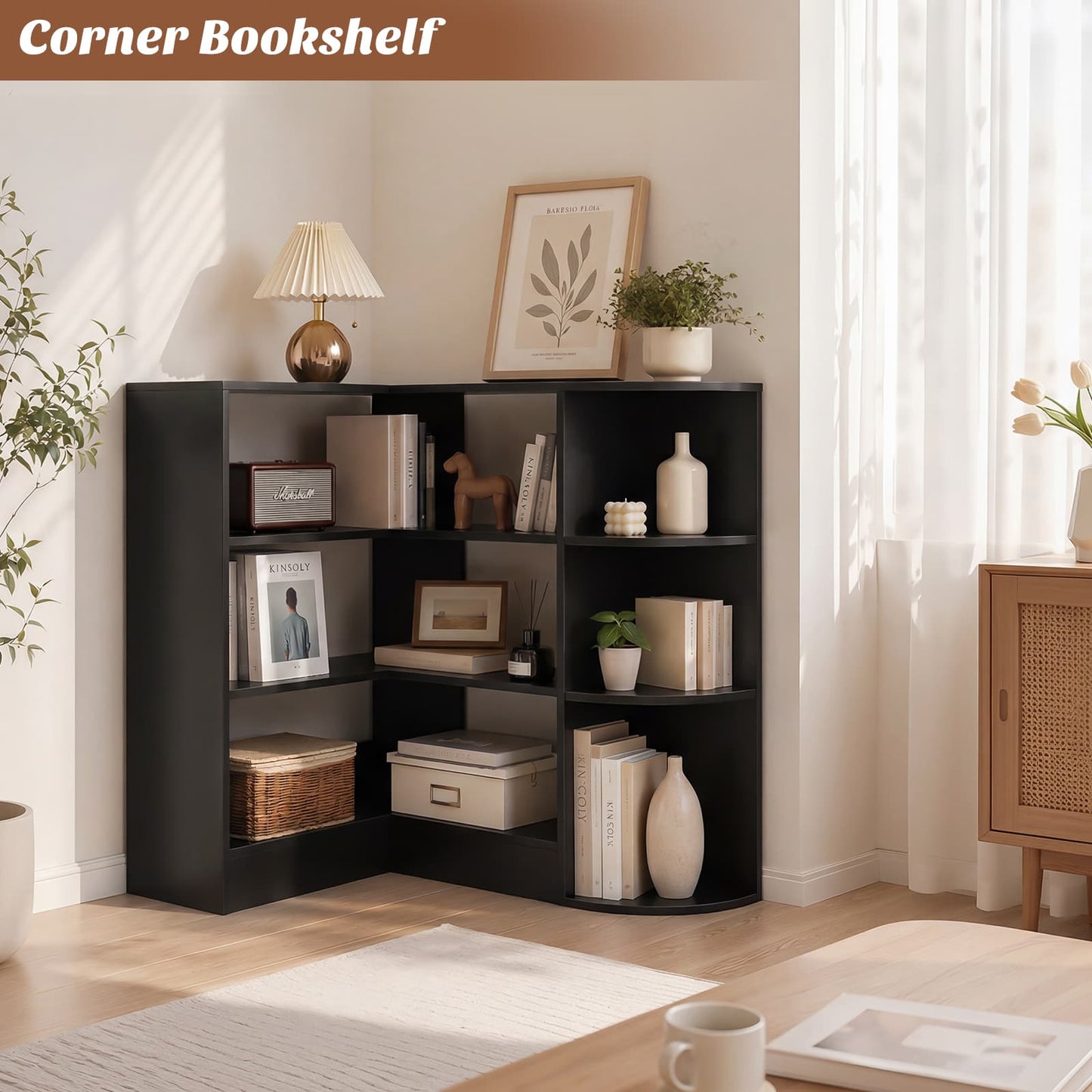 4-Tier Small Corner Shelf, Compact L-Shaped Corner Bookshelf