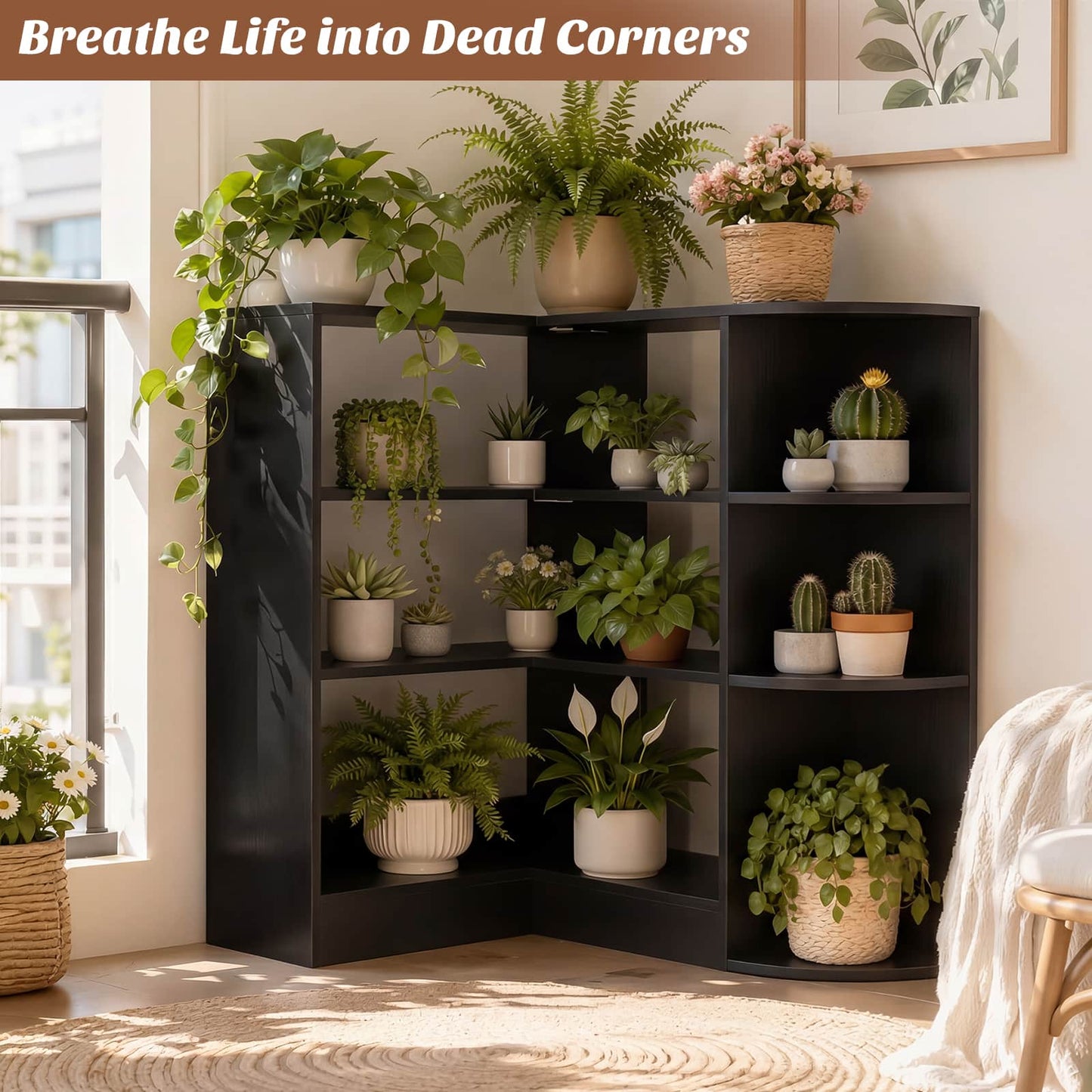 4-Tier Small Corner Shelf, Compact L-Shaped Corner Bookshelf