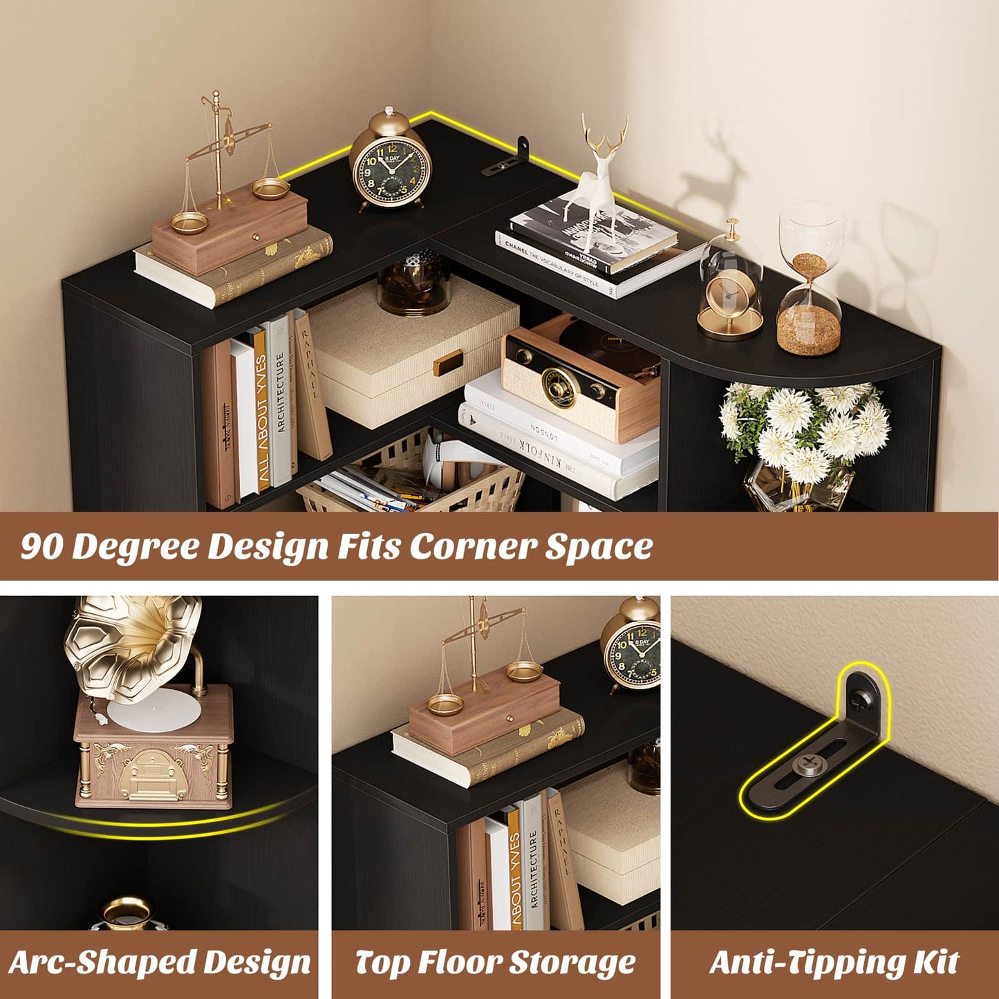 4-Tier Small Corner Shelf, Compact L-Shaped Corner Bookshelf