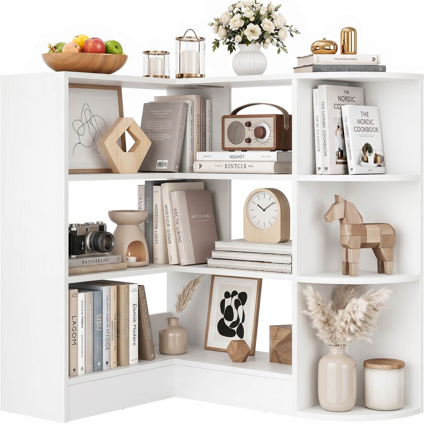4-Tier Small Corner Shelf, Compact L-Shaped Corner Bookshelf
