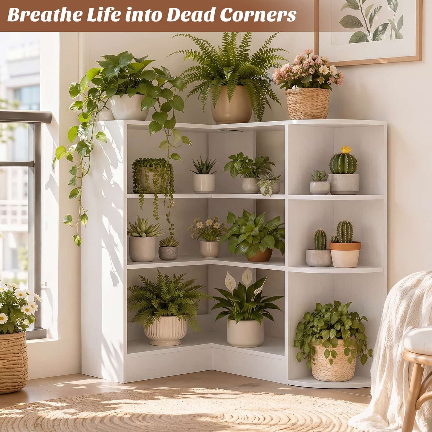 4-Tier Small Corner Shelf, Compact L-Shaped Corner Bookshelf