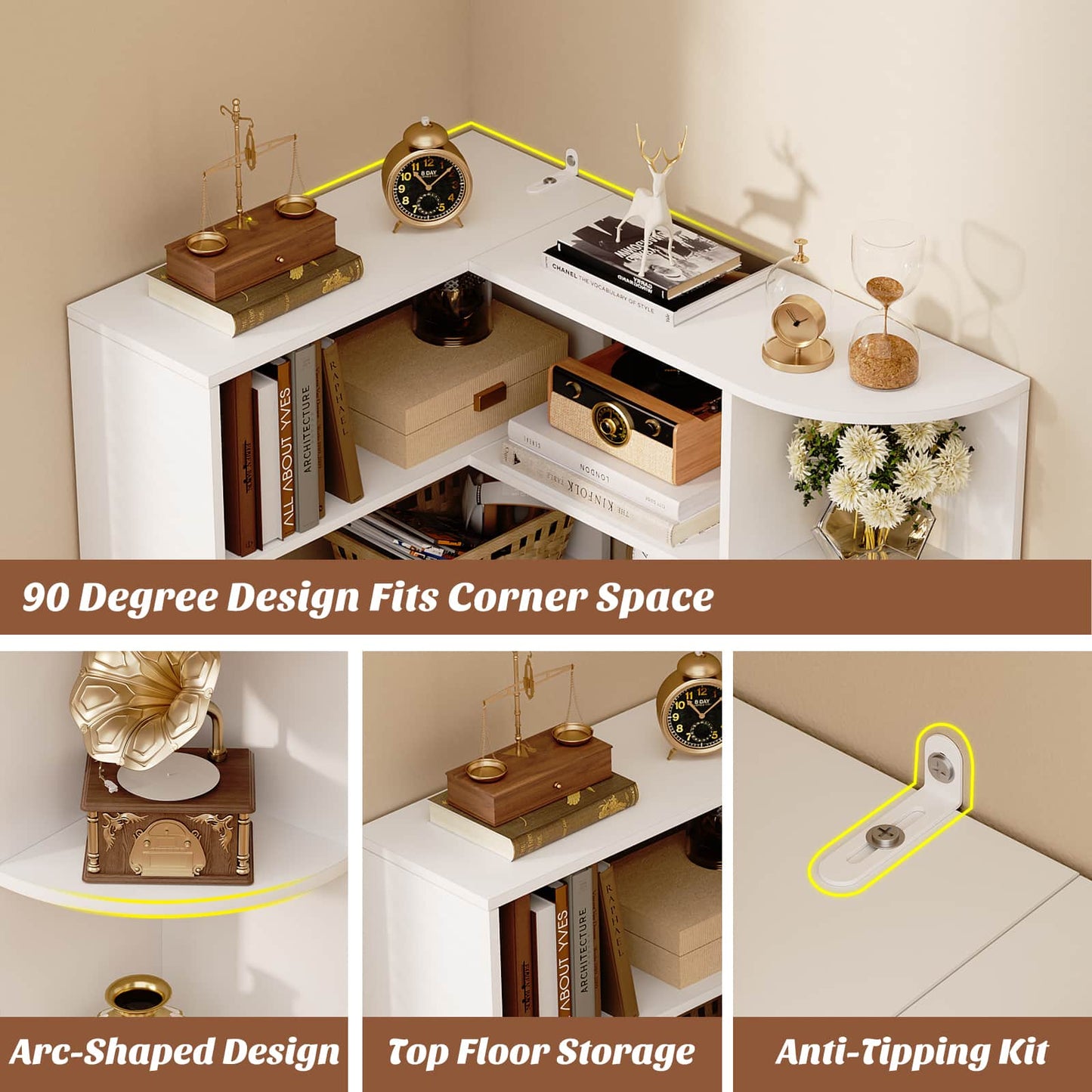 4-Tier Small Corner Shelf, Compact L-Shaped Corner Bookshelf